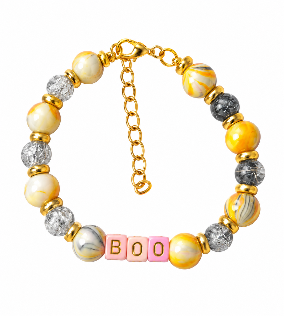 Handmade Halloween BOO bracelet with pink letter beads, gold accents, marbled beads and adjustable extender chain