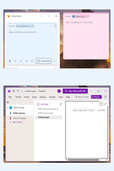 one note, sticky notes