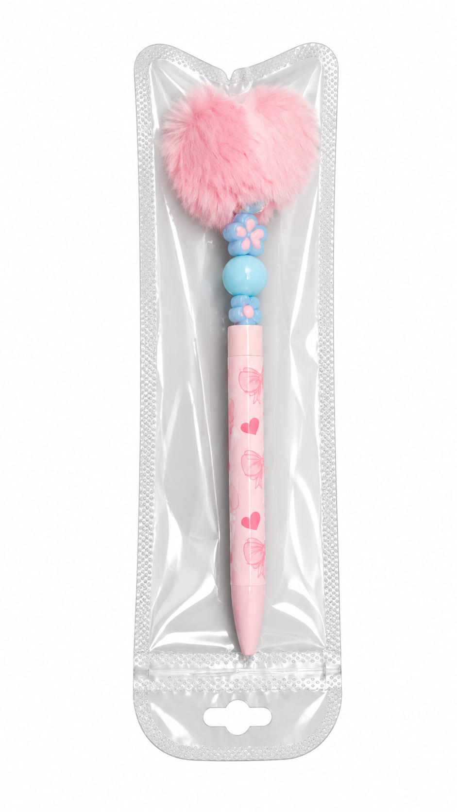 The Cotton Candy Blossom Custom Beaded Pen by Sparkling Resin Delights, featuring blue flower beads and a fluffy pink pom pom, sealed inside protective clear hanging retail packaging.