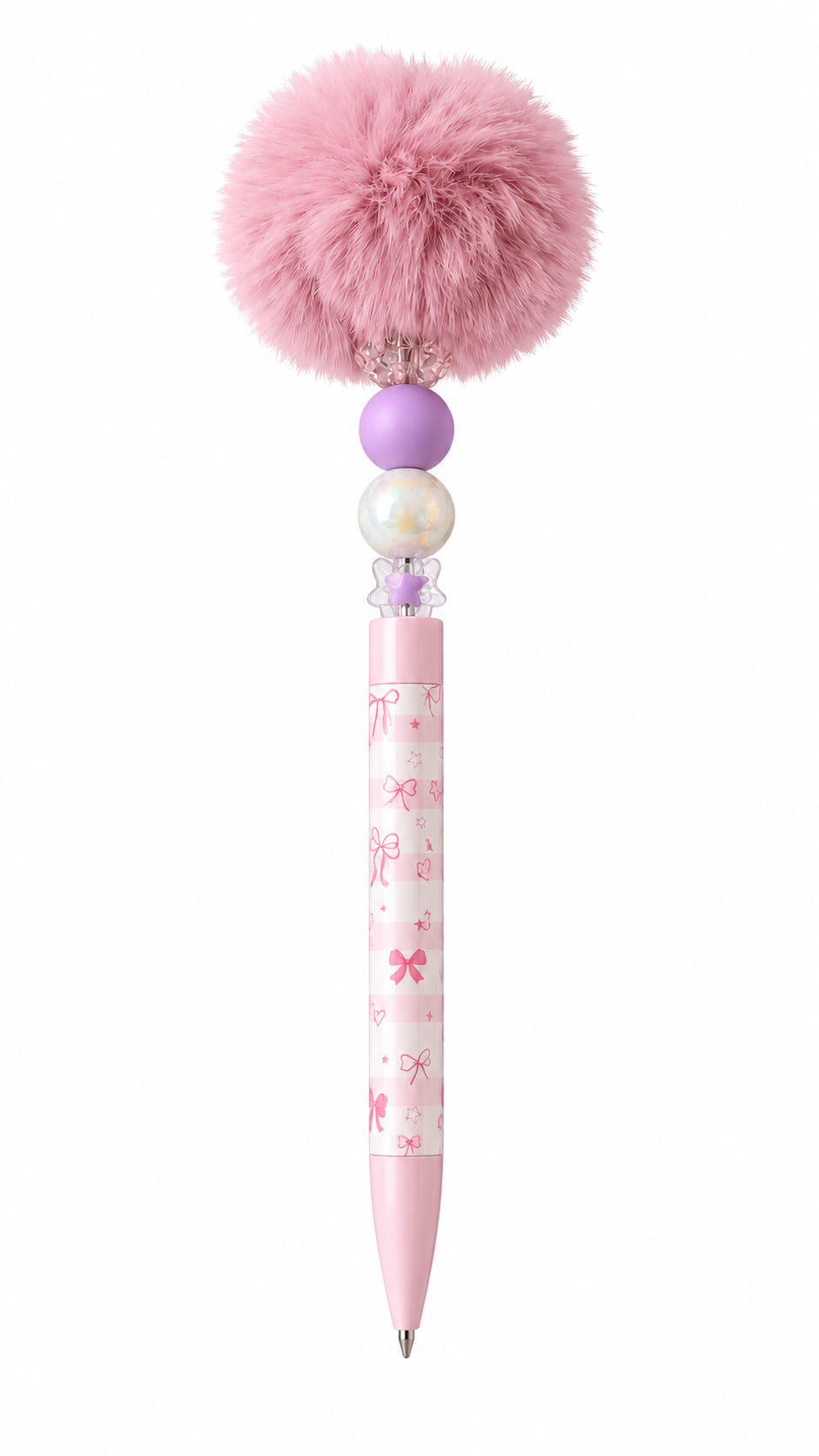 Close-up of the Lavender Pearl custom pen showing a pink gingham bow-patterned barrel, a pearl bead, a matte lavender bead, a rhinestone spacer, and a large fluffy pink pom pom topper.