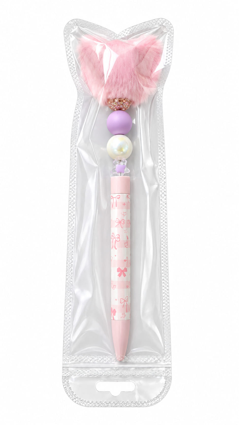 The Lavender Pearl Custom Beaded Pen by Sparkling Resin Delights, featuring a purple bead and fluffy pink pom pom, sealed inside protective clear hanging retail packaging.