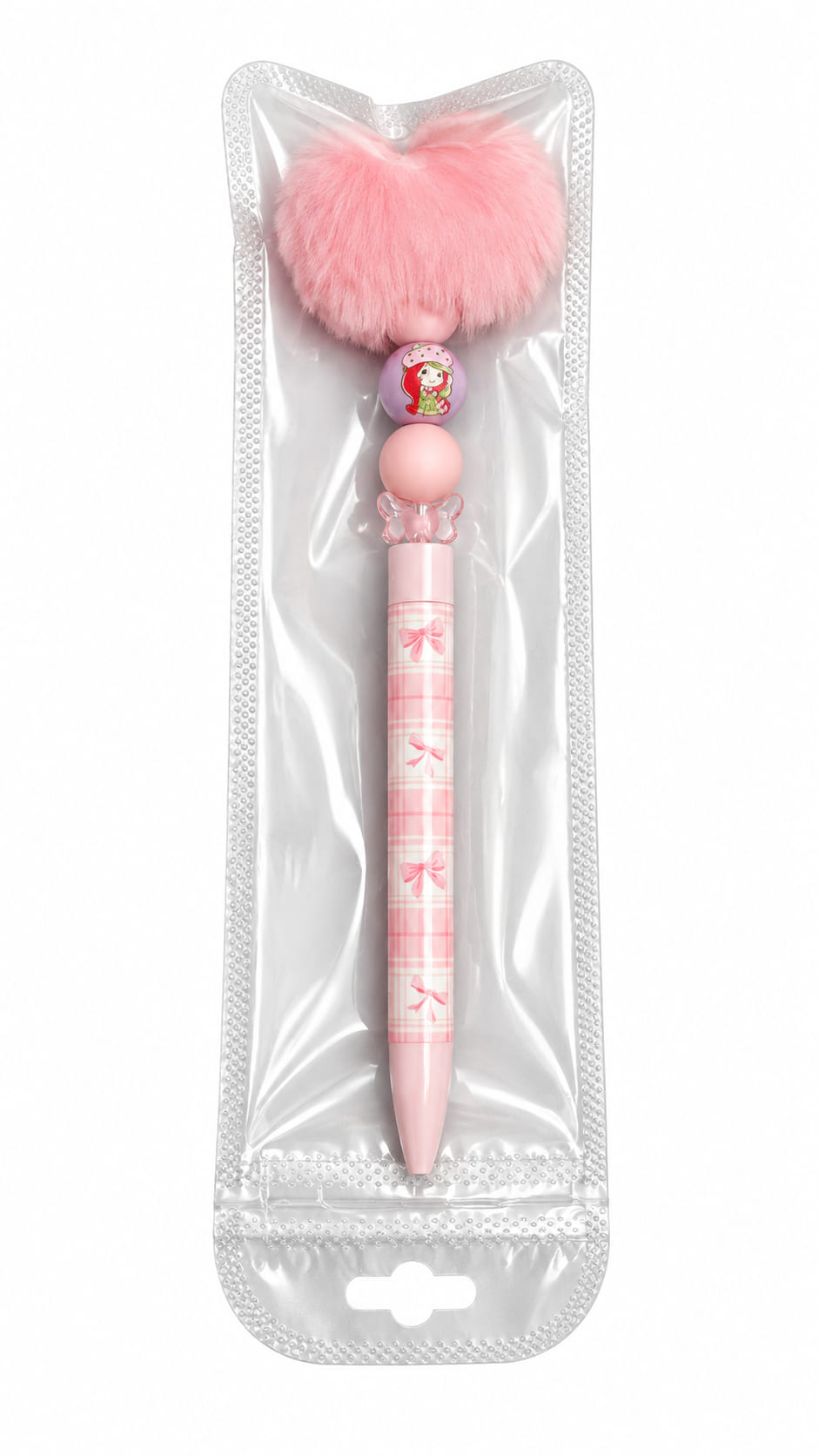 The Strawberry Wishes Custom Beaded Pen by Sparkling Resin Delights, featuring a retro strawberry character bead and fluffy pink pom pom, sealed inside protective clear hanging retail packaging.