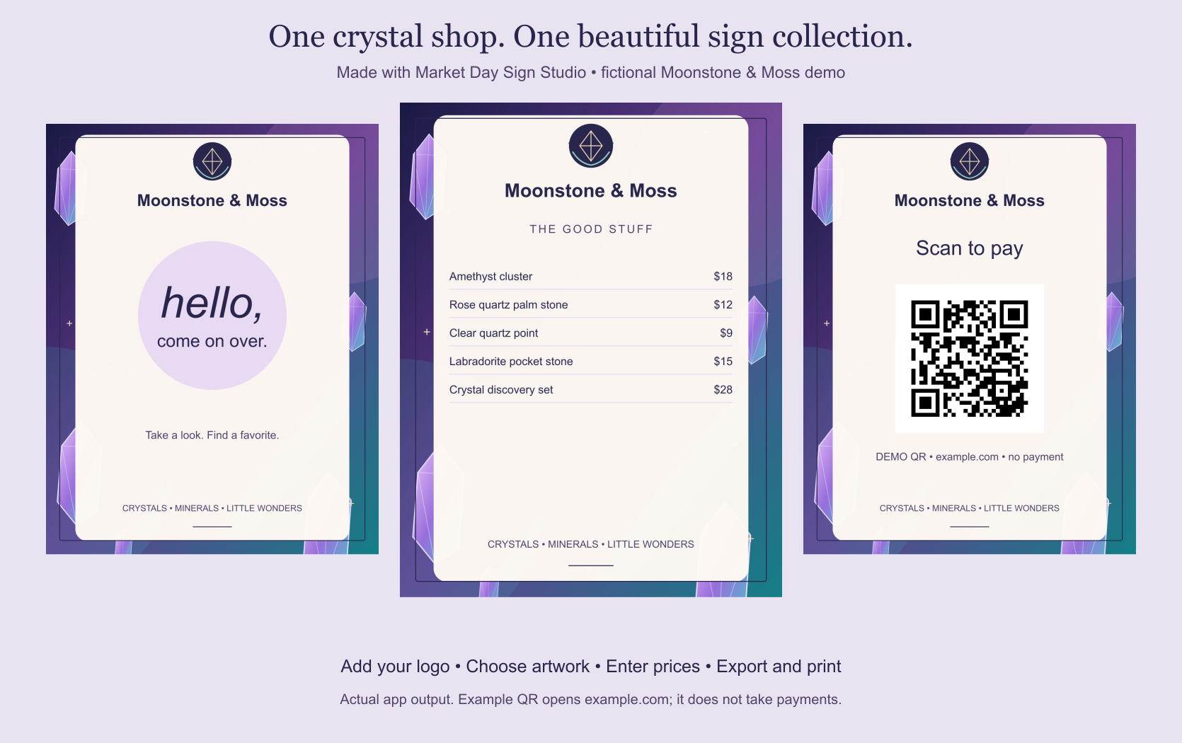 Three actual signs for fictional Moonstone & Moss: gem logo, jewel-tone borders, welcome, price list and demo QR.