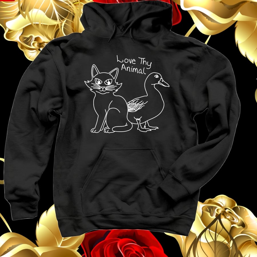An image depicting a black sweater with a cat and duck graphic.