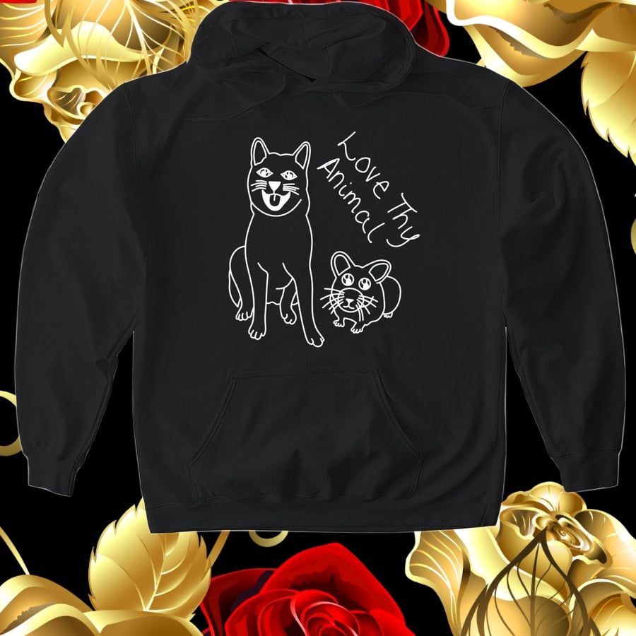 An image depicting a black sweater with a dog and hamster graphic.