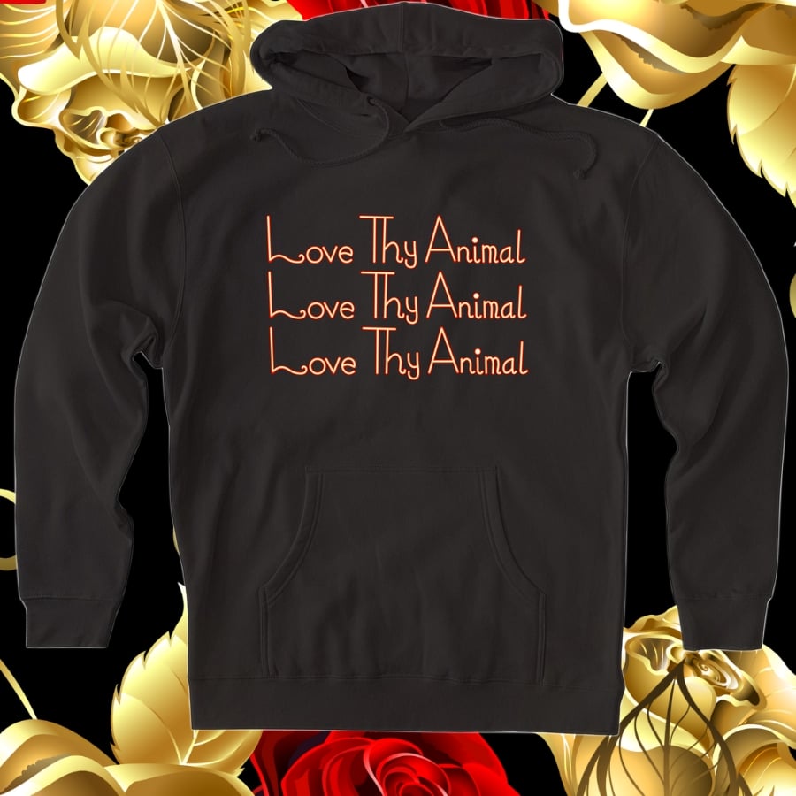 An image depicting a black sweater with the words "Love Thy Animal" listed three times.