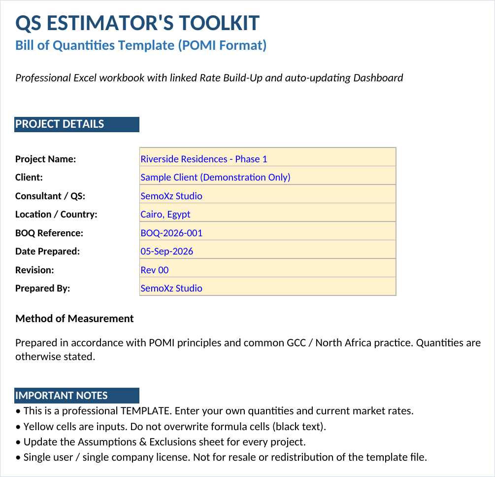 QS Estimator's Toolkit cover sheet showing project details, method of measurement note and template usage instructions