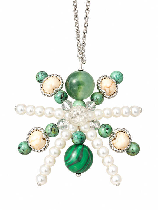 Close-up of handmade gemstone starburst pendant with Malachite, Green Chalcedony, African Green Turquoise and Austrian crystals.
