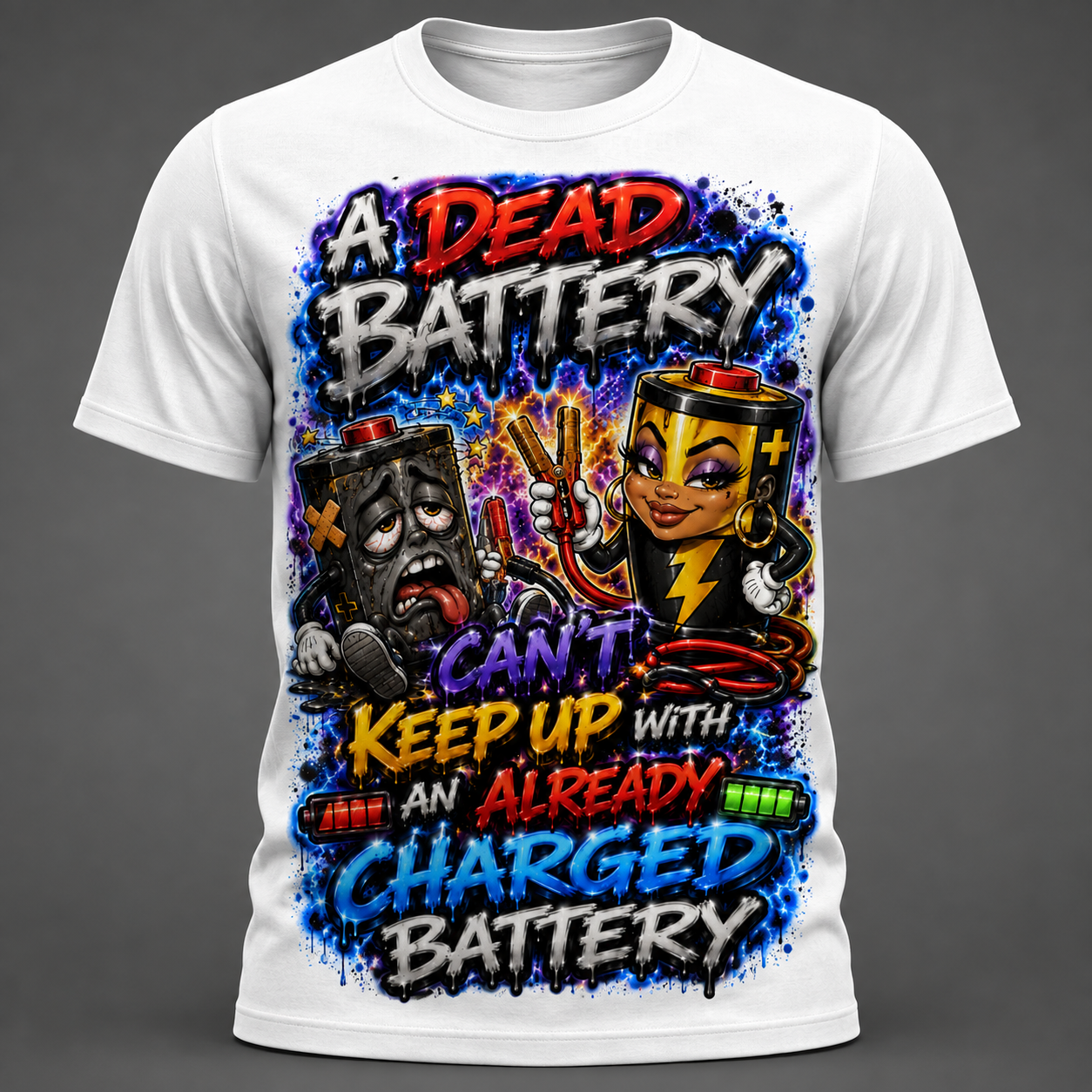 This bold and colorful humor T-shirt PNG features two expressive cartoon-style battery characters—one completely exhausted and the other fully charged and ready to go.