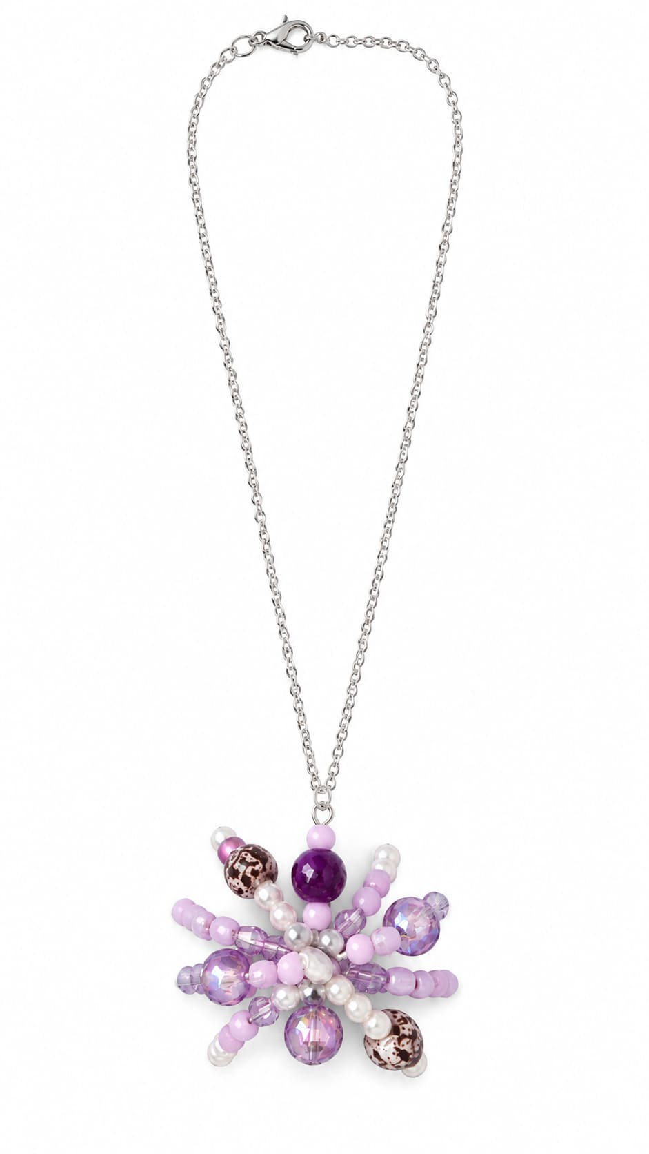 Handmade purple beaded spider pendant necklace on a 16 inch 925 sterling silver chain.