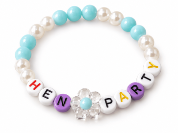 Chic Hen Party stretch bracelet designed with alternating glossy white faux pearls and soft light blue beads, finished with a transparent clear flower charm.
