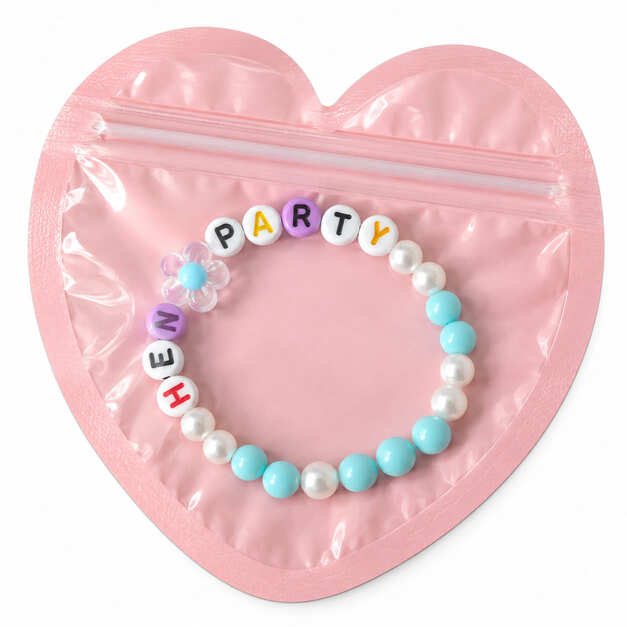Soft pastel Hen Party bracelet with alternating light blue and white faux pearl beads and a blue transparent flower charm in a heart bag.
