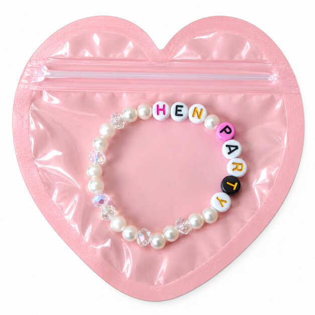 Elegant Hen Party beaded bracelet featuring classic glossy faux pearls and faceted Austrian crystal glass spacer beads in a pink heart pouch.