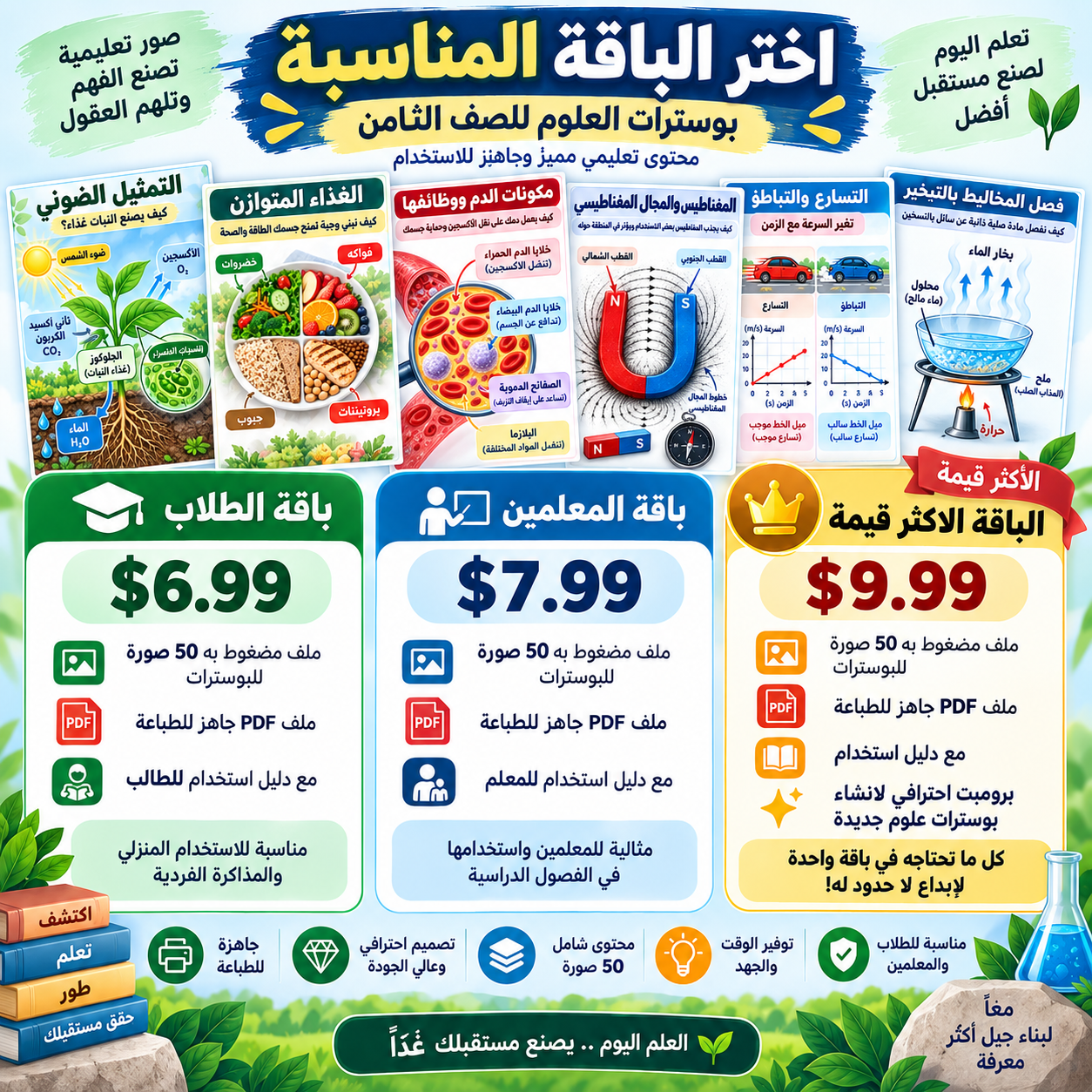 العلوم للصف الثامن: بوسترات إنفوجرافيك تفاعلية تشرح المفاهيم الأساسية ببساطة ومتعة