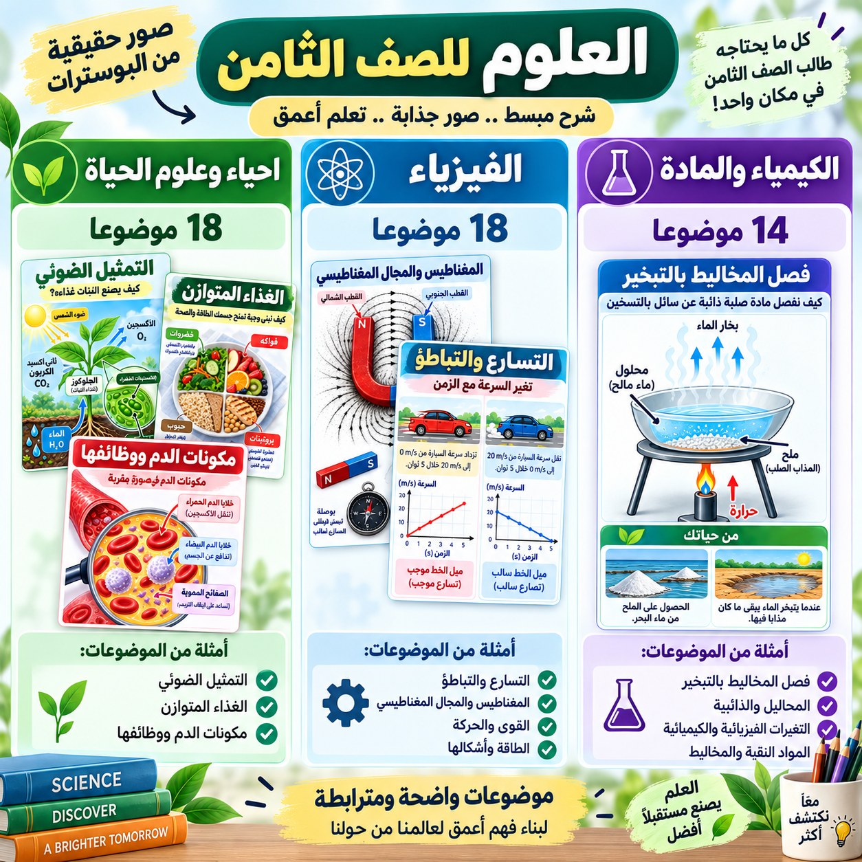 العلوم للصف الثامن: بوسترات إنفوجرافيك تفاعلية تشرح المفاهيم الأساسية ببساطة ومتعة