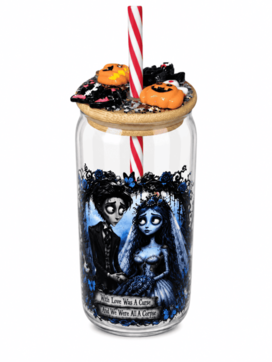 Corpse Bride glass can cup with Victor and Emily blue gothic illustration and decorated bamboo lid