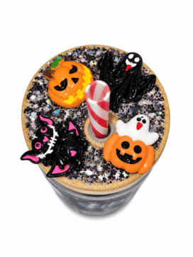 Corpse Bride glass can cup with Victor and Emily gothic artwork, decorated bamboo lid and red-and-white striped straw