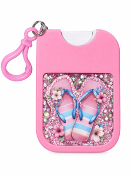 Back of pink Guava Glow travel body mist with colourful floral flip-flop design and sparkling pink background