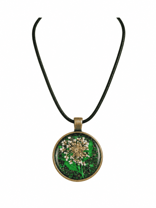 Handmade real dried flower resin necklace with emerald green round pendant and black cord