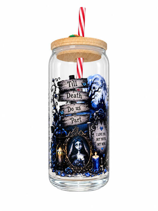 Corpse Bride glass can cup featuring Emily, gothic blue roses and Till Death Do Us Part artwork