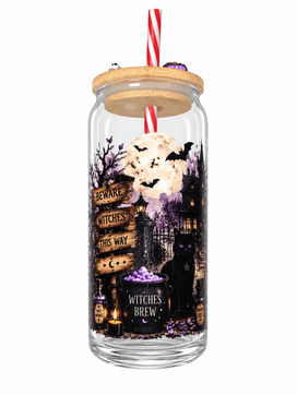 Back view of Witches Brew glass can cup showing moon, bats, black cat and spooky Halloween wrap