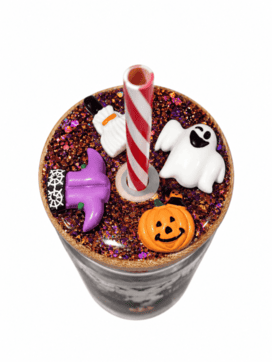 Top view of bamboo lid decorated with glitter resin, witch hat, ghost and pumpkin Halloween charms