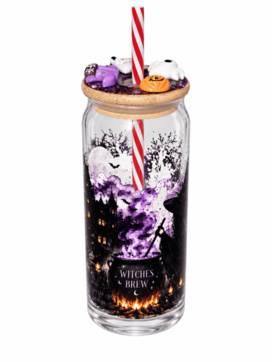 Front view of Witches Brew Halloween glass can cup with purple spooky wrap and resin decorated bamboo lid