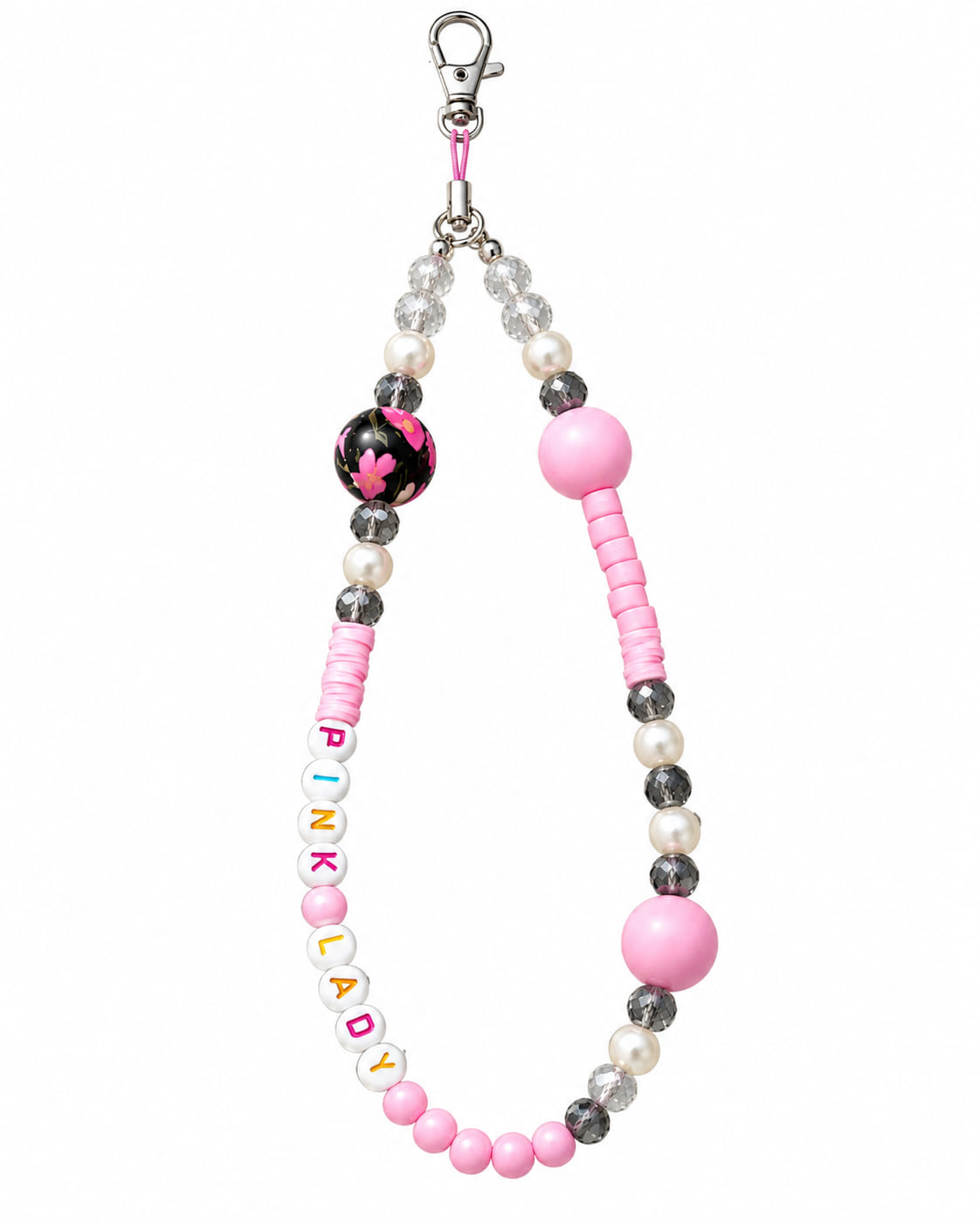 Personalised Pink Lady beaded walking stick charm with pink, pearl and black floral beads