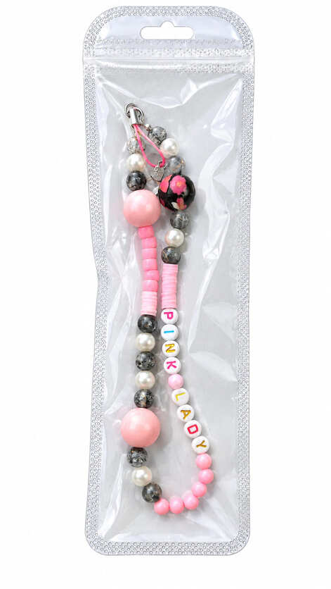 Pink Lady personalised walking stick charm displayed in clear gift packaging