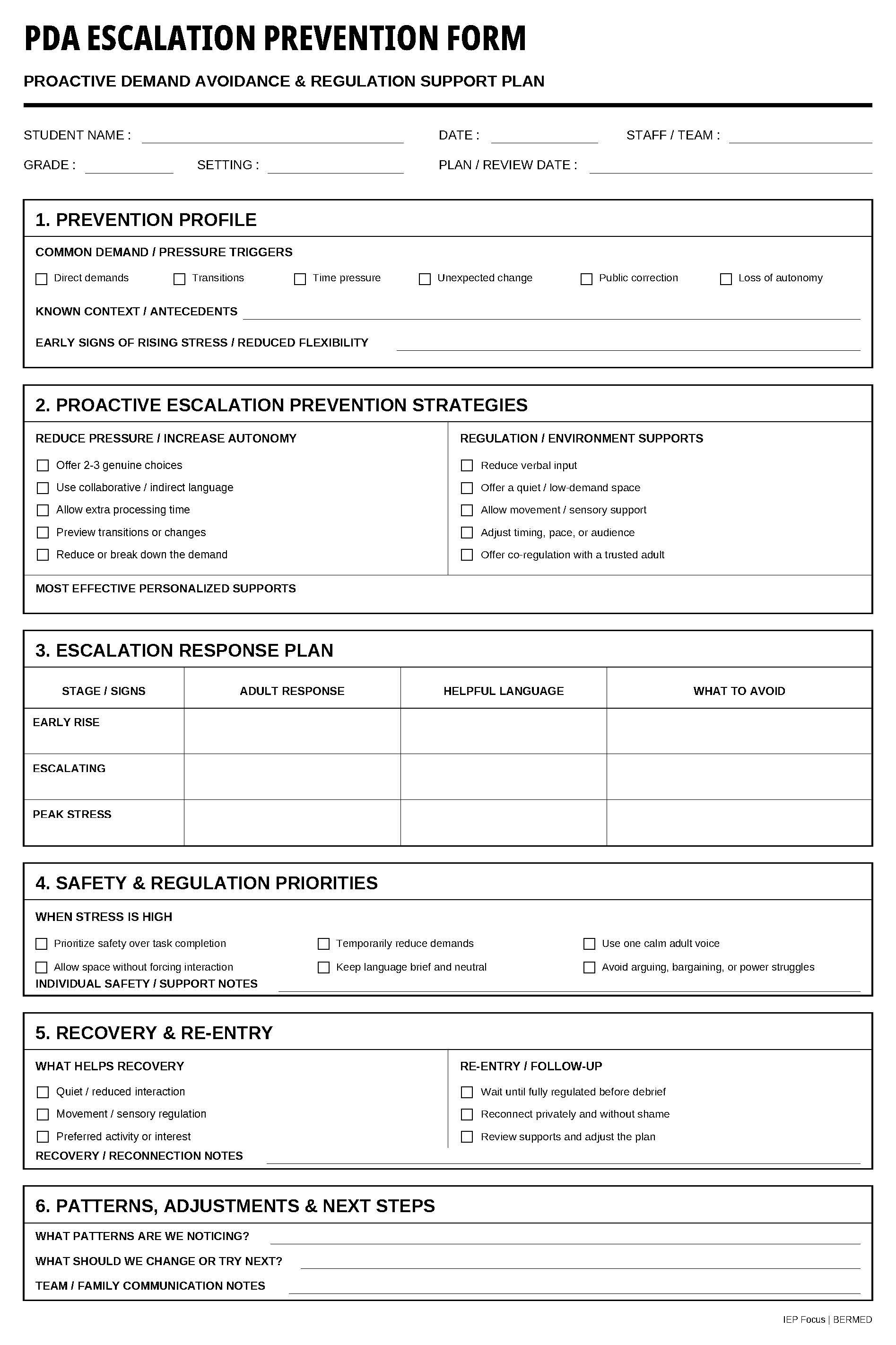 PDA Escalation Prevention Form free printable
