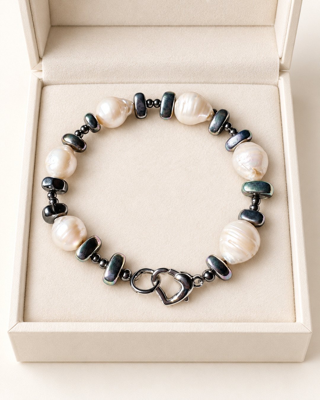 Bracciale con perle e chiusura a cuore nella confezione