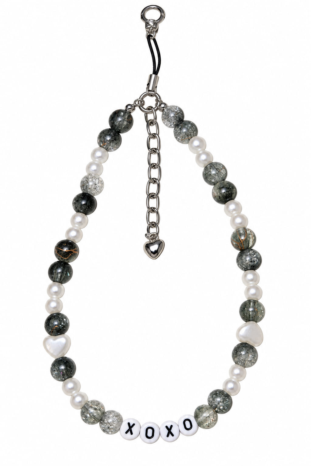 Handmade black and white XOXO beaded walking stick charm with pearl-style beads and silver heart charm