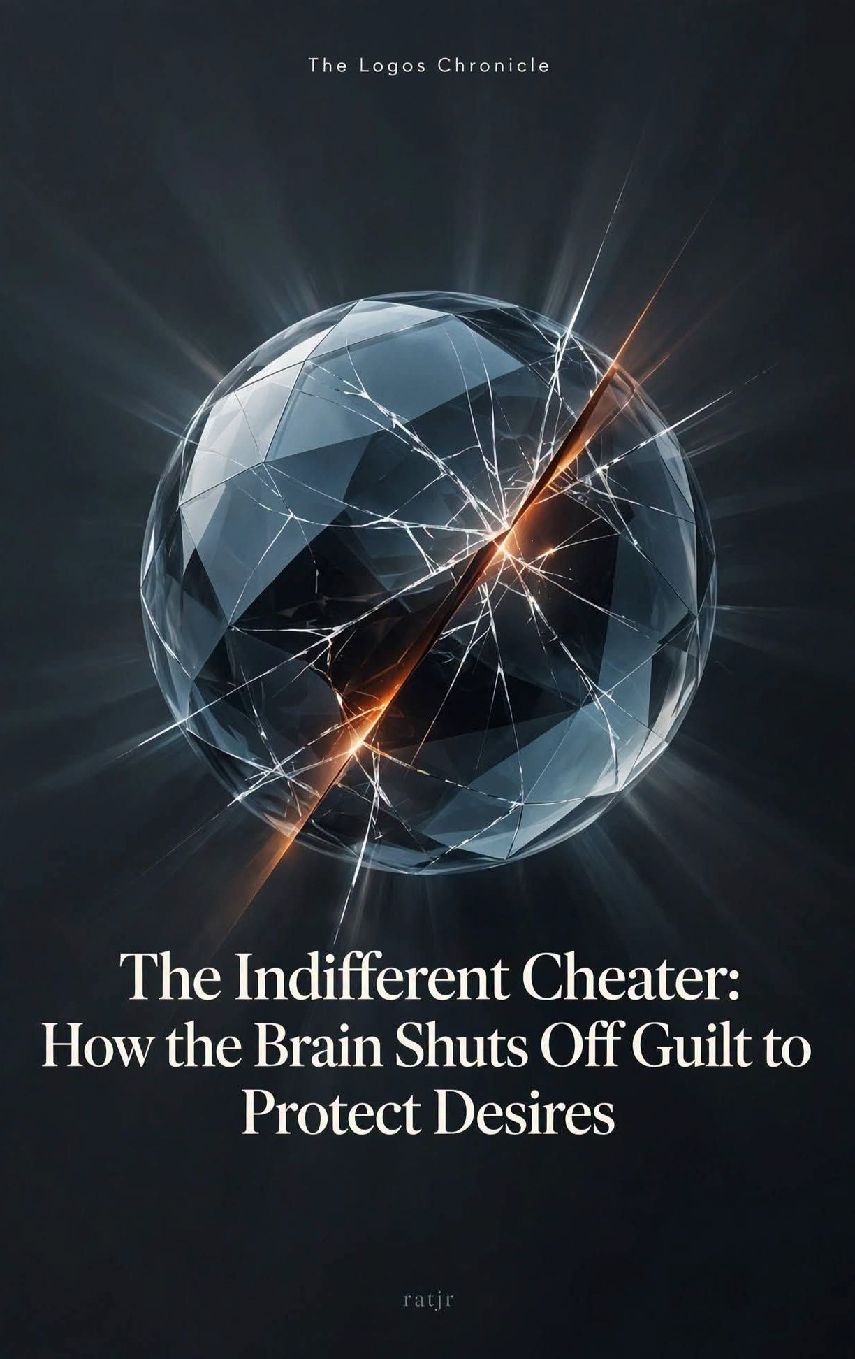 Book cover for "The Indifferent Cheater: How the Brain Shuts Off Guilt to Protect Desires" by ratjr, published by The Logos Chronicle, featuring a dark cracked crystalline sphere with a bright fissure running across it against a dark background.