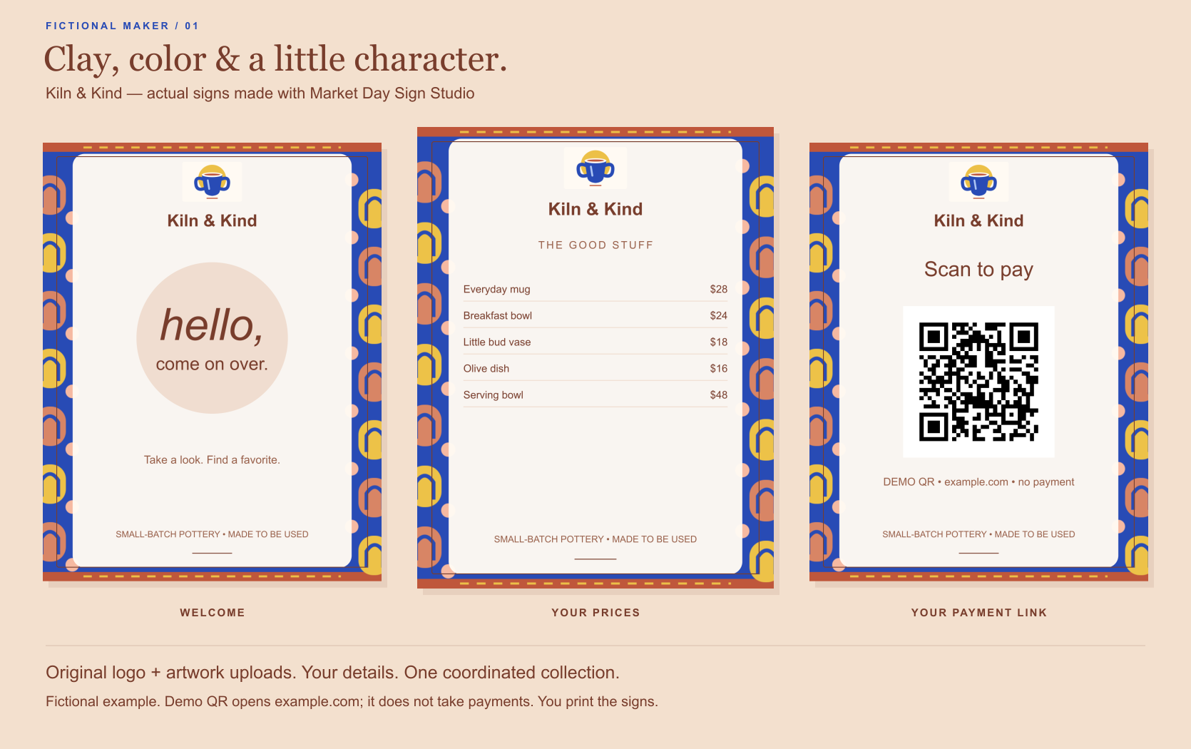 Actual welcome, price and demo QR signs for fictional Kiln & Kind pottery, with a cobalt cup logo and terracotta, yellow and blue borders.