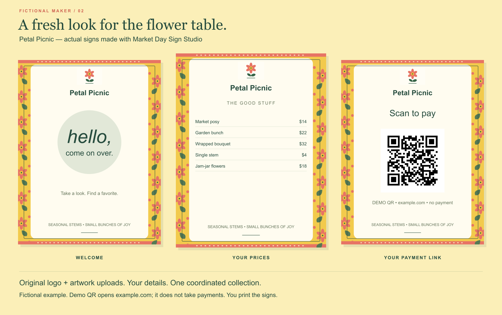 Actual welcome, price and demo QR signs for fictional Petal Picnic, with a coral flower logo, yellow floral borders and dark green text.