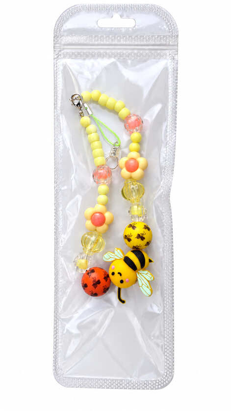 Handmade bumblebee walking stick wrist loop with yellow beads and flower details presented in a clear gift pouch
