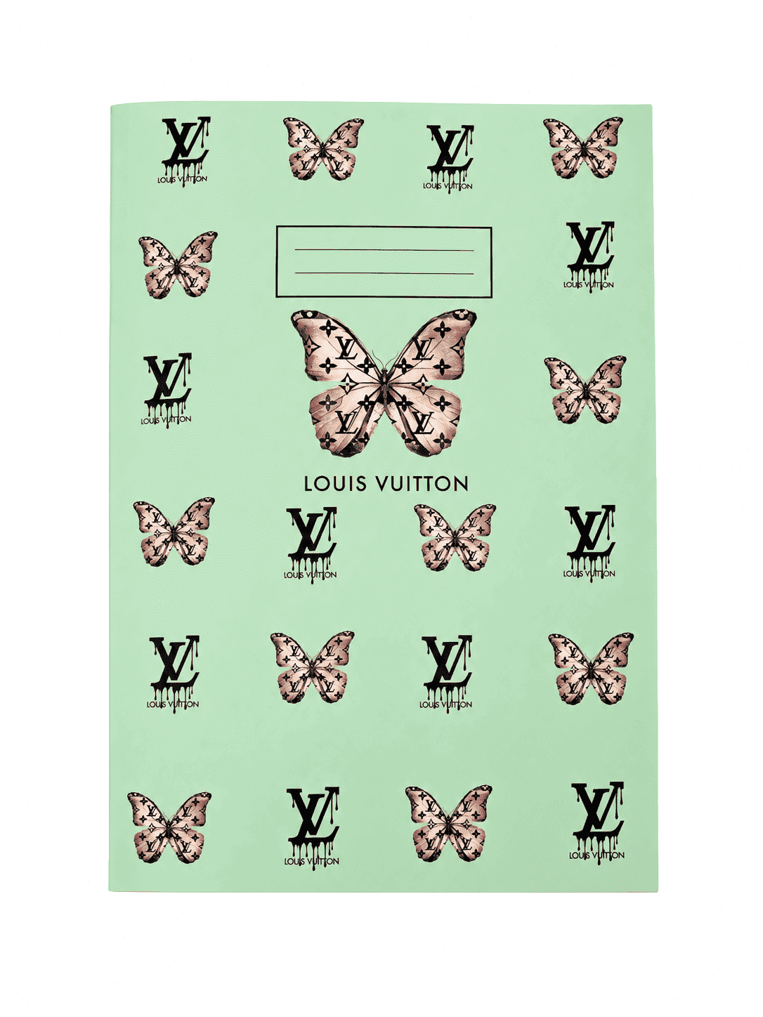 Mint green A5 lined notebook hand-decorated with pink butterfly and fashion-inspired decals