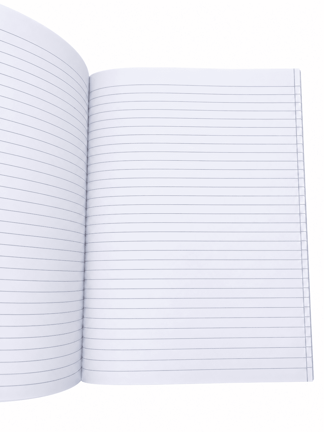 Open A5 notebook showing white lined pages with side margin