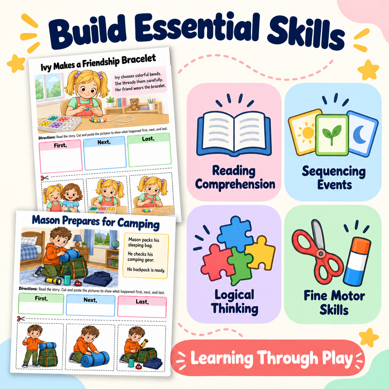 Build Sequencing & Reading Skills – 50 Printable Cut-and-Paste Activities for Kids Ages 5–8