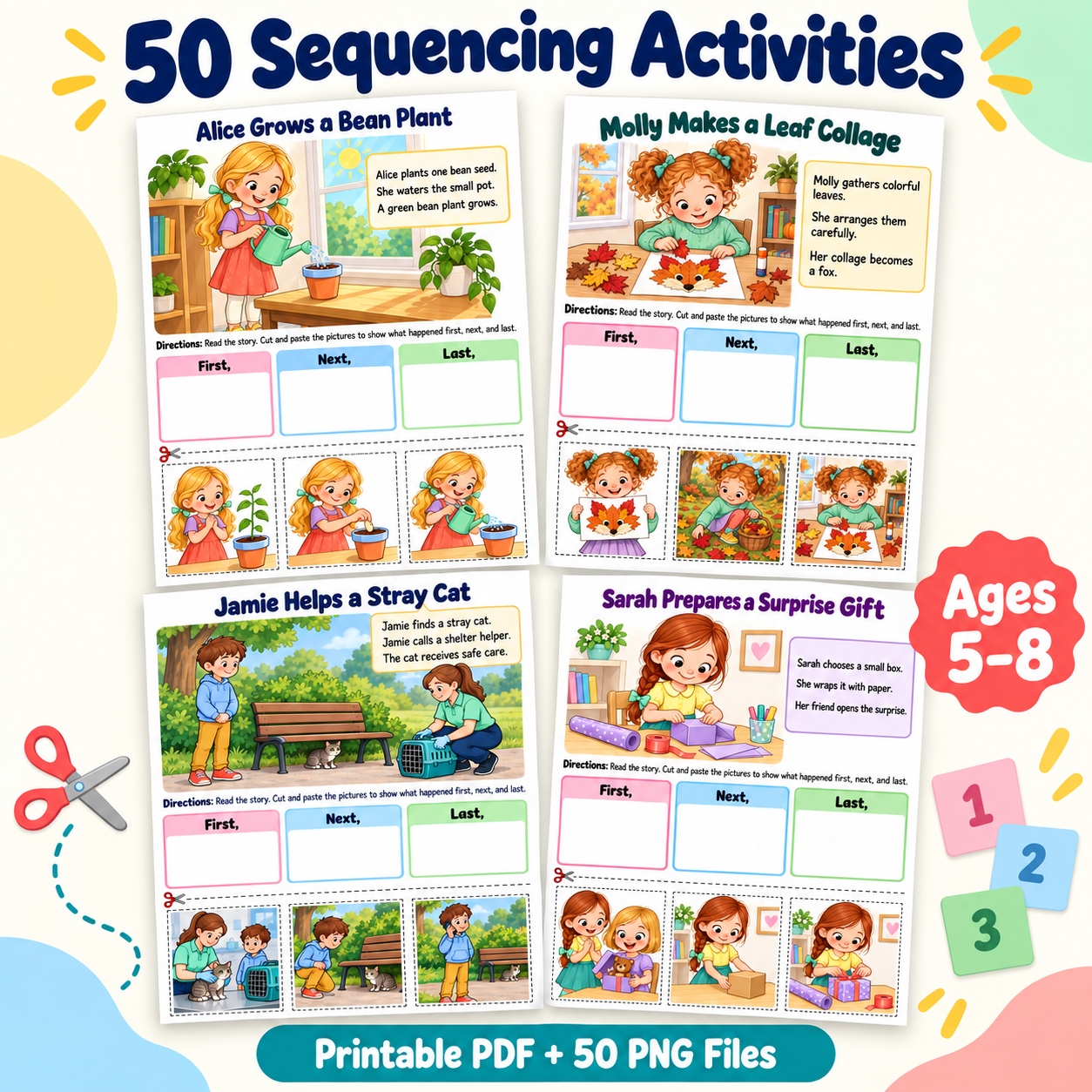 Build Sequencing & Reading Skills – 50 Printable Cut-and-Paste Activities for Kids Ages 5–8