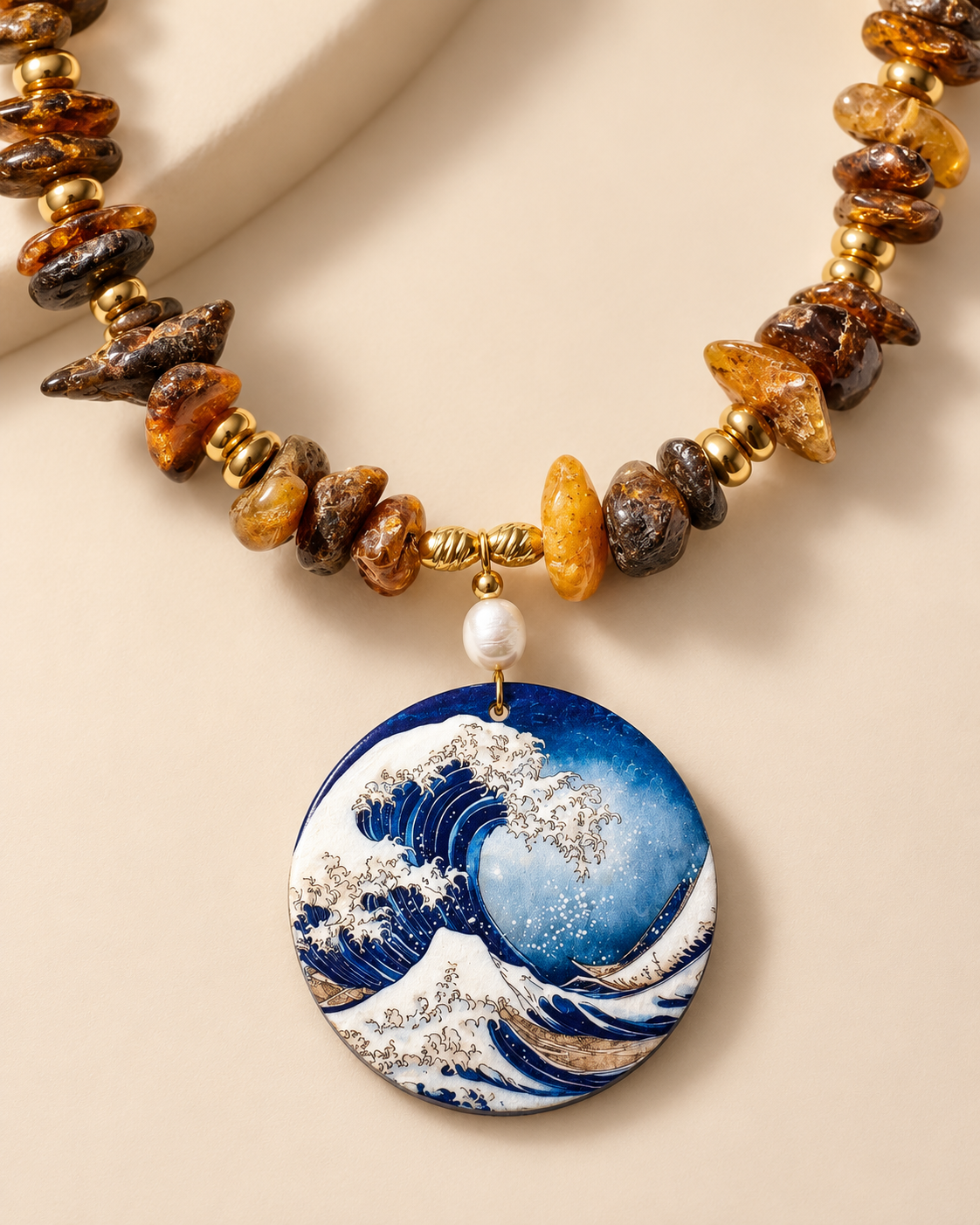 Collana completa in ambra semigrezza con ciondolo ispirato all’arte giapponese