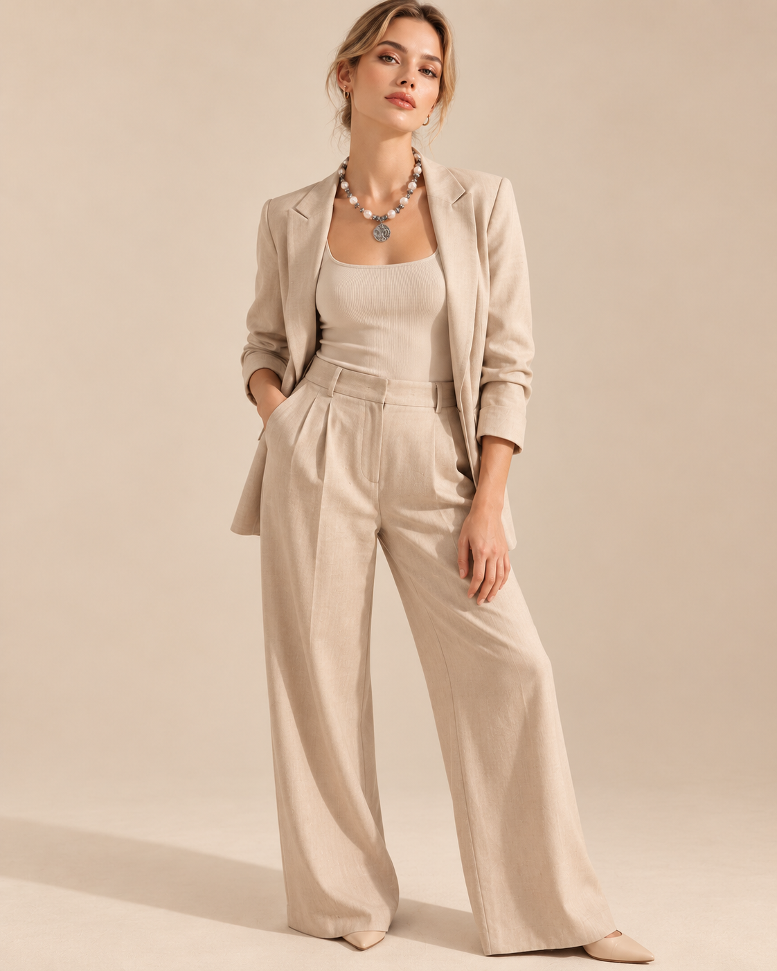 Collana artigianale con perle ed ematite abbinata a un look elegante