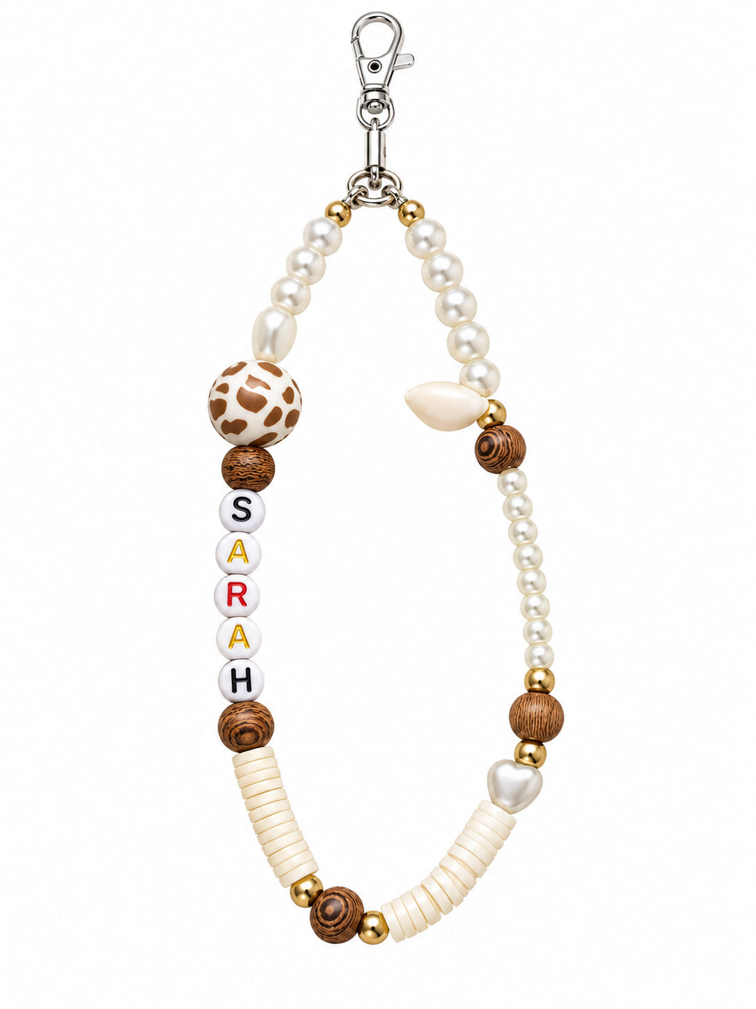 Personalised safari giraffe walking stick wrist loop with name beads, faux pearls, wooden beads and silver clasp