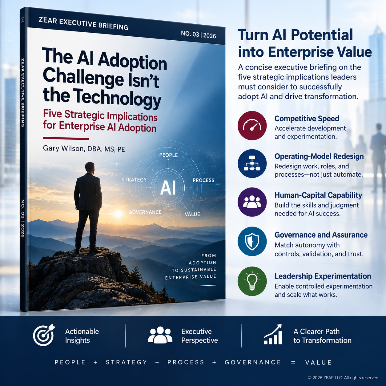 ZEAR Executive Briefing No. 03, “The AI Adoption Challenge Isn’t the Technology,” highlighting five strategic implications for enterprise AI adoption and transformation.