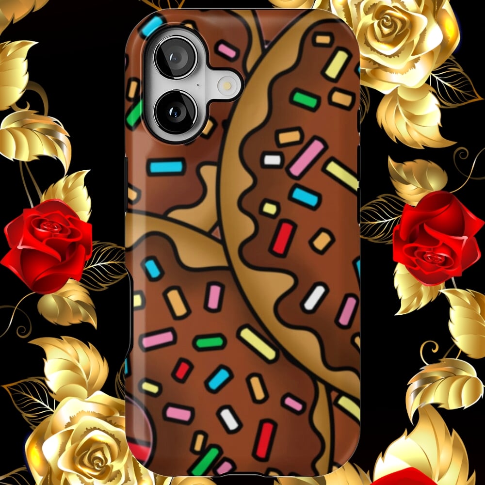 A phone case displaying an illustration of Donuts.