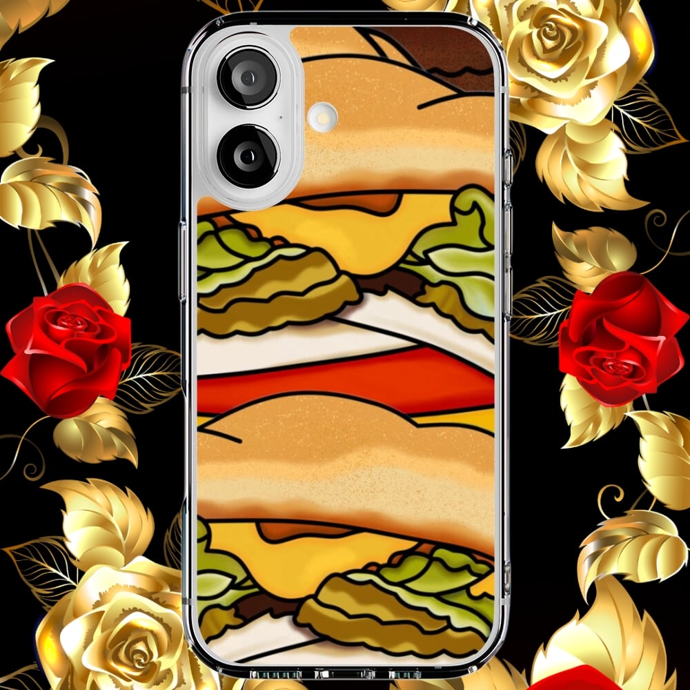A phone case displaying an illustration of Burgers.