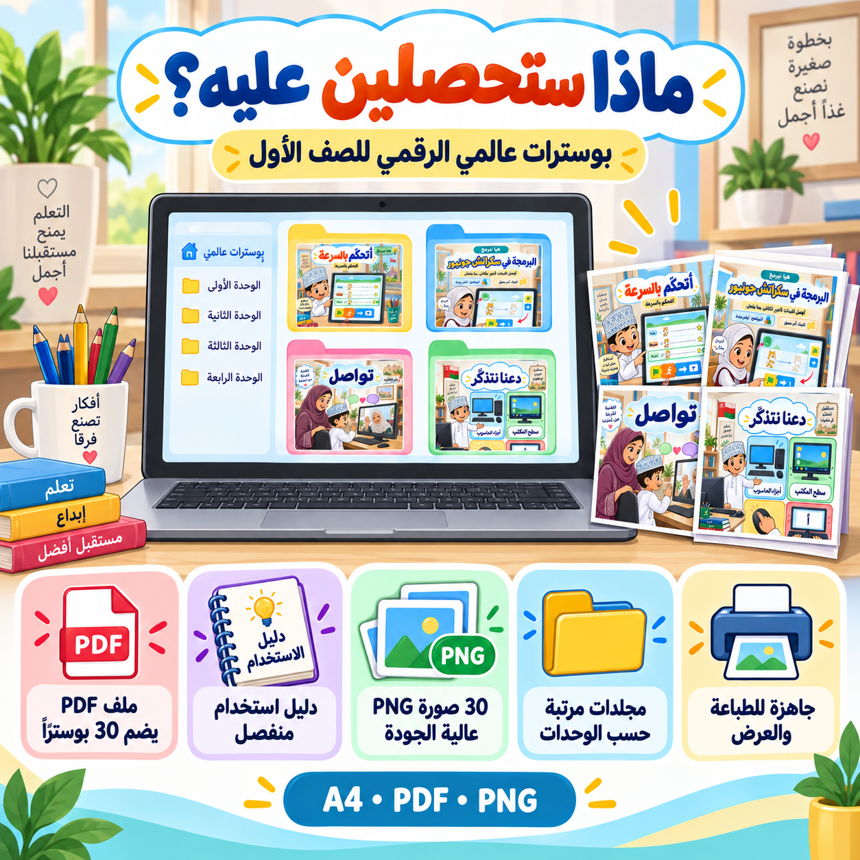 بوسترات عالمي الرقمي للصف الأول | 30 بوسترًا تعليميًا جاهزًا للطباعة