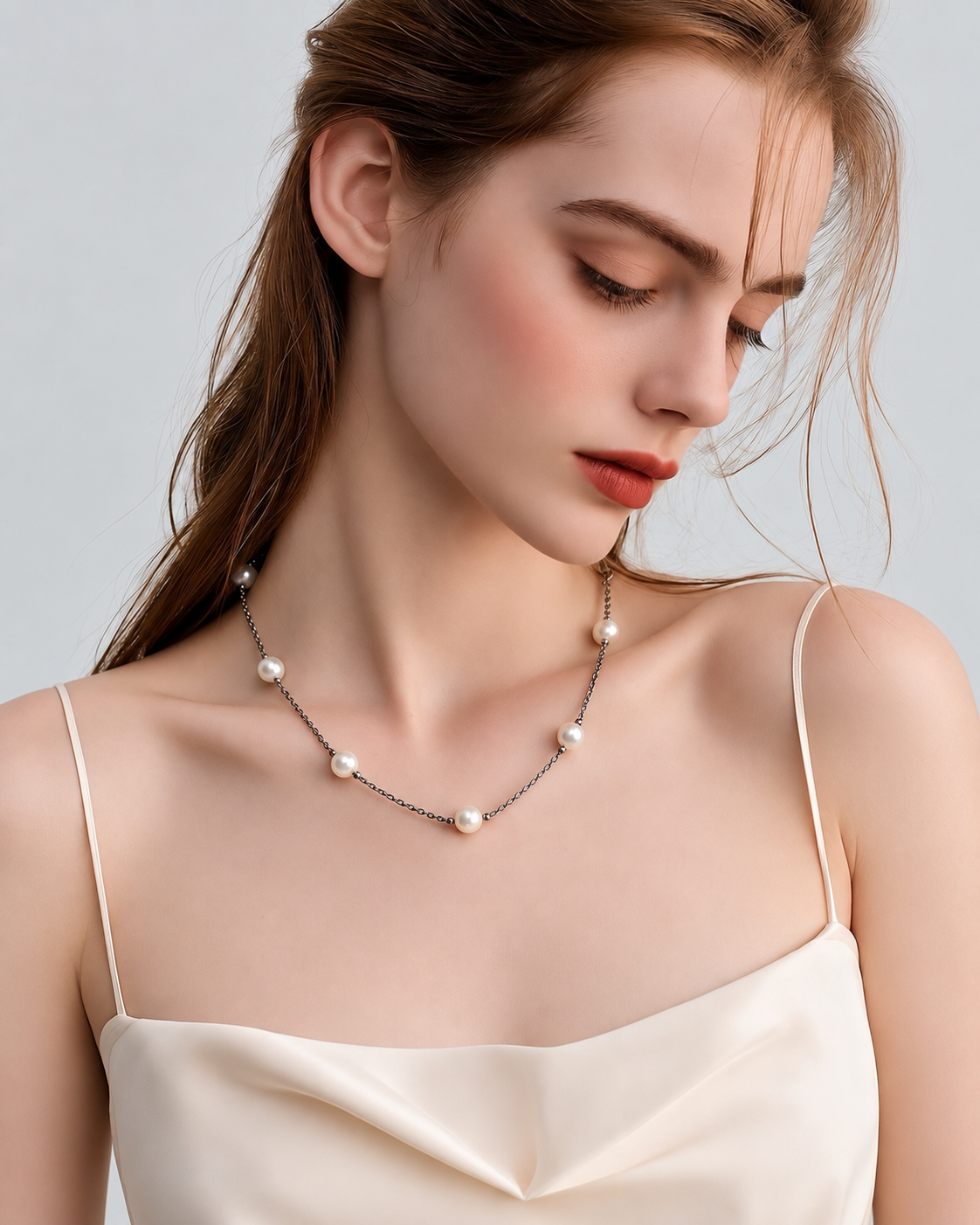 Collana con perle di fiume indossata
