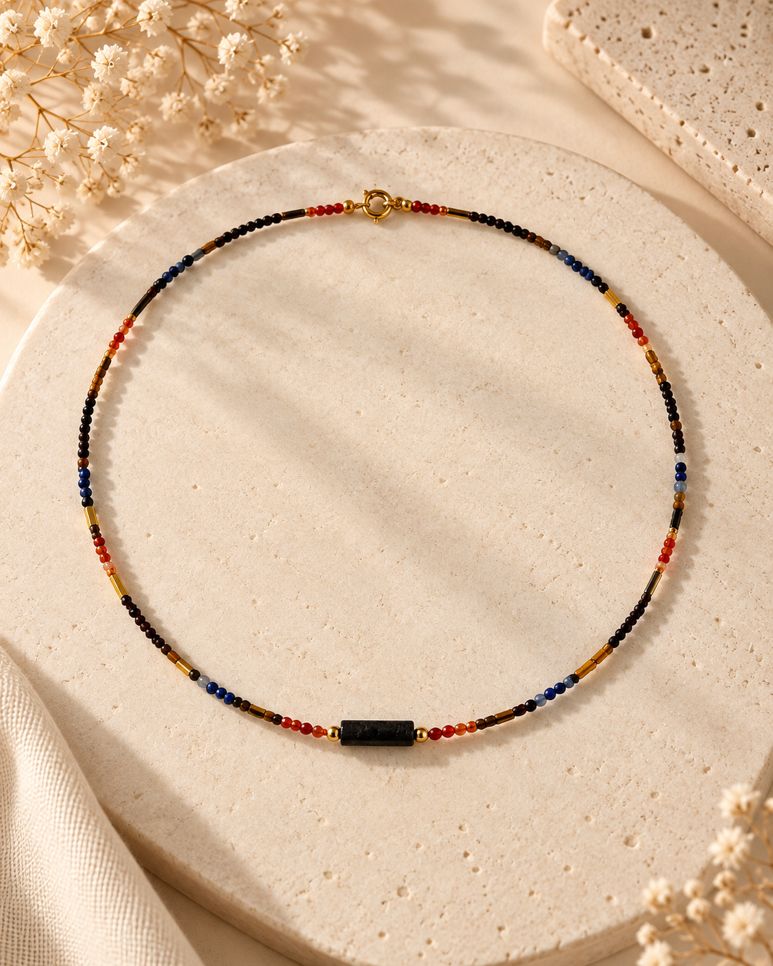 Collana con agata blu arancione e onice nero