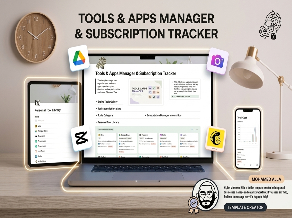 Workspace mockup displaying the Notion Subscription Tracker template on a laptop screen, highlighting cost analytics, expiration alerts, and app management features.